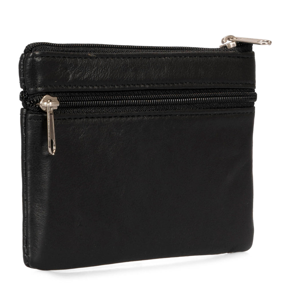 Angle view of a large black leather coin case for men designed by Bentley show its zippers and soft leather