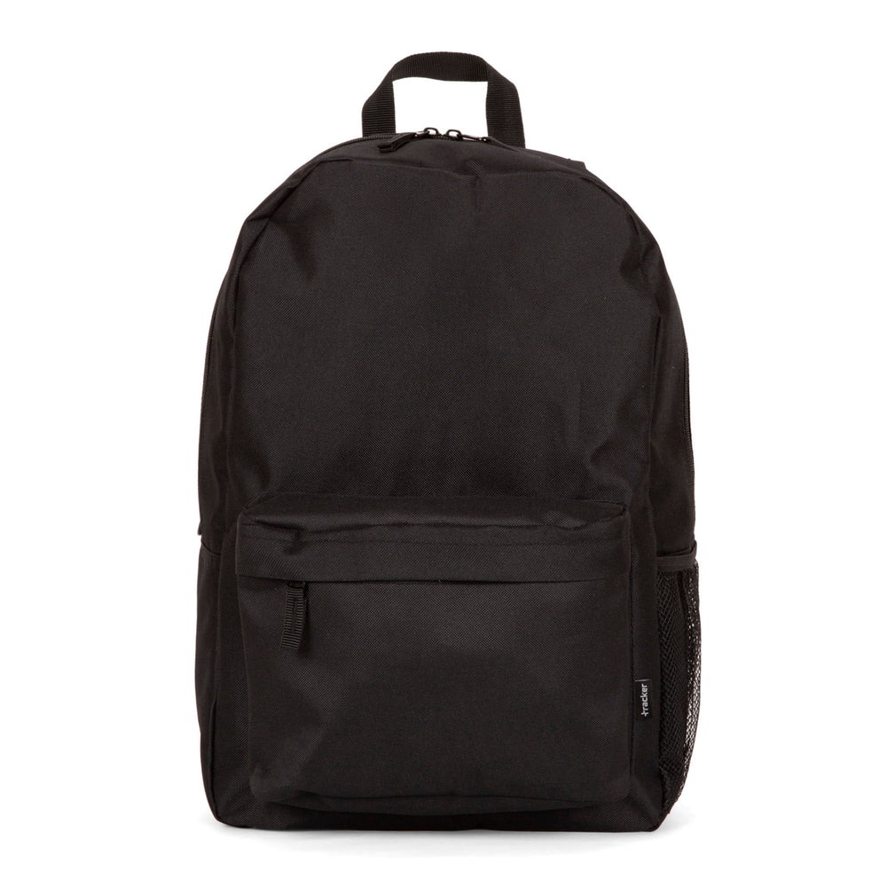 Front side of the black Tracker Mega Value backpack on a white background, showcasing its zipper pocket and top handle.