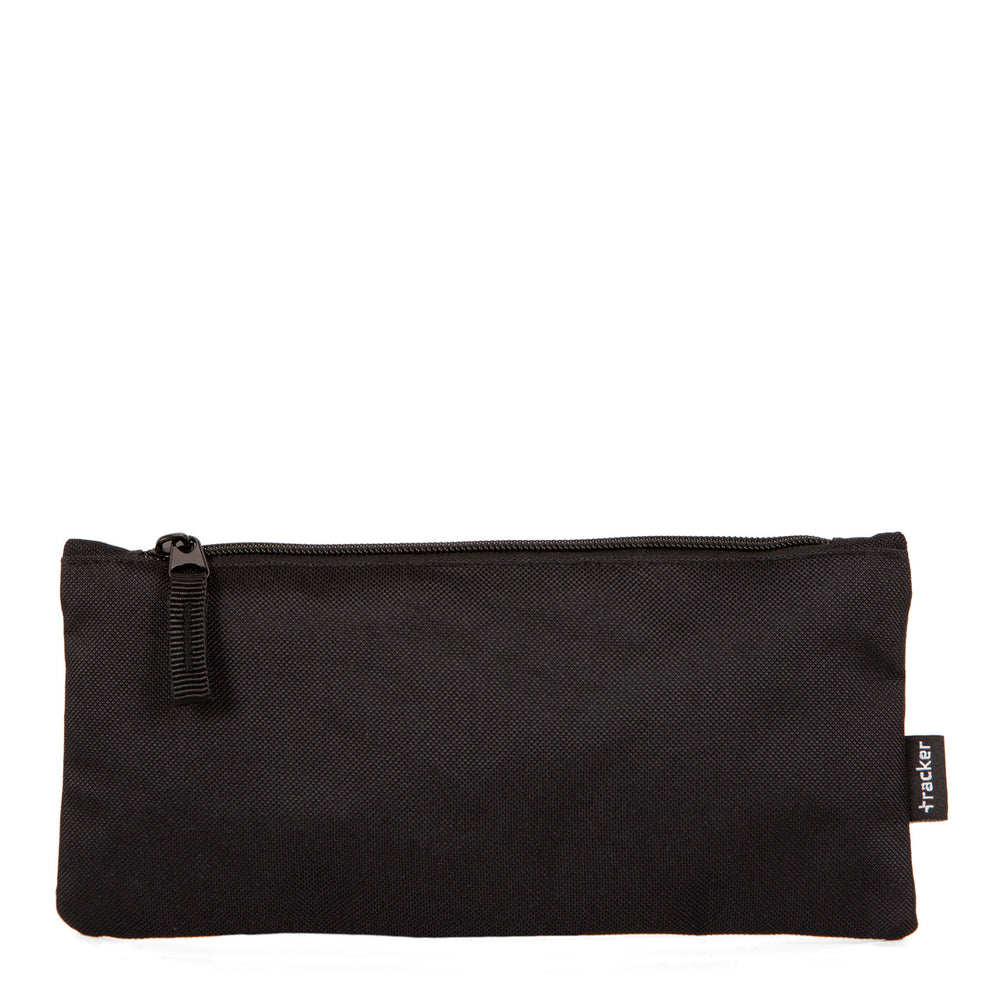 Front side of the black Tracker's Mega Value pencil case on a white background, showcasing its zipper pull tab and tracker logo.