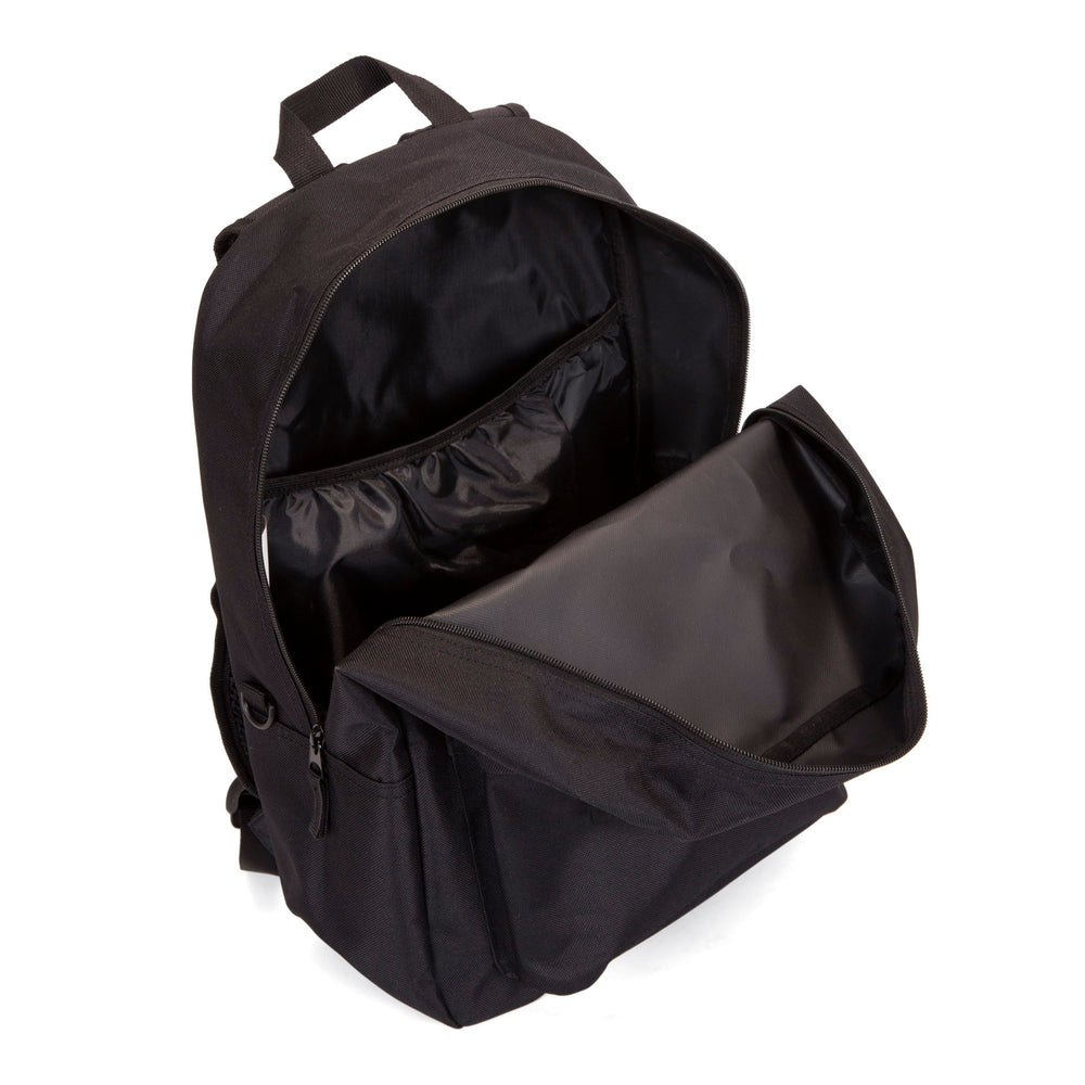 Angle view of the black Tracker's Mega Value backpack on a white background,  showcasing its interior with laptop compartment.