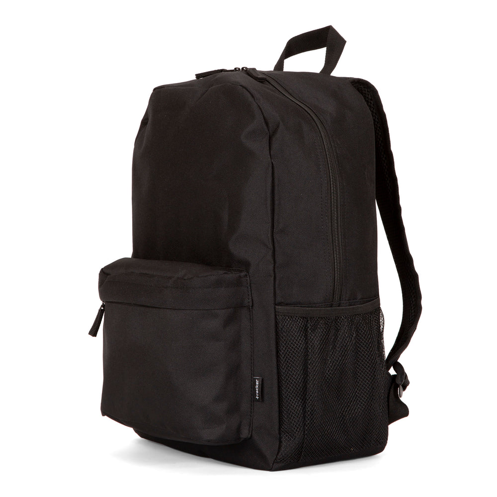 Angle view of the black Tracker Mega Value backpack on a white background, showcasing its compartments zipper pockets, straps and top handle.
