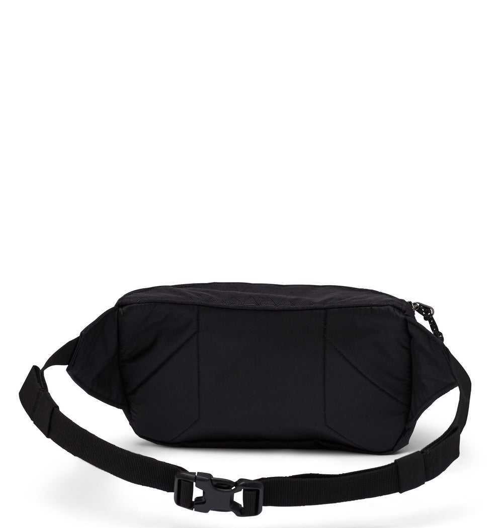 Back side of a black fanny pack called Zig Zag designed by Columbia showing its belt strap and textured polyester.