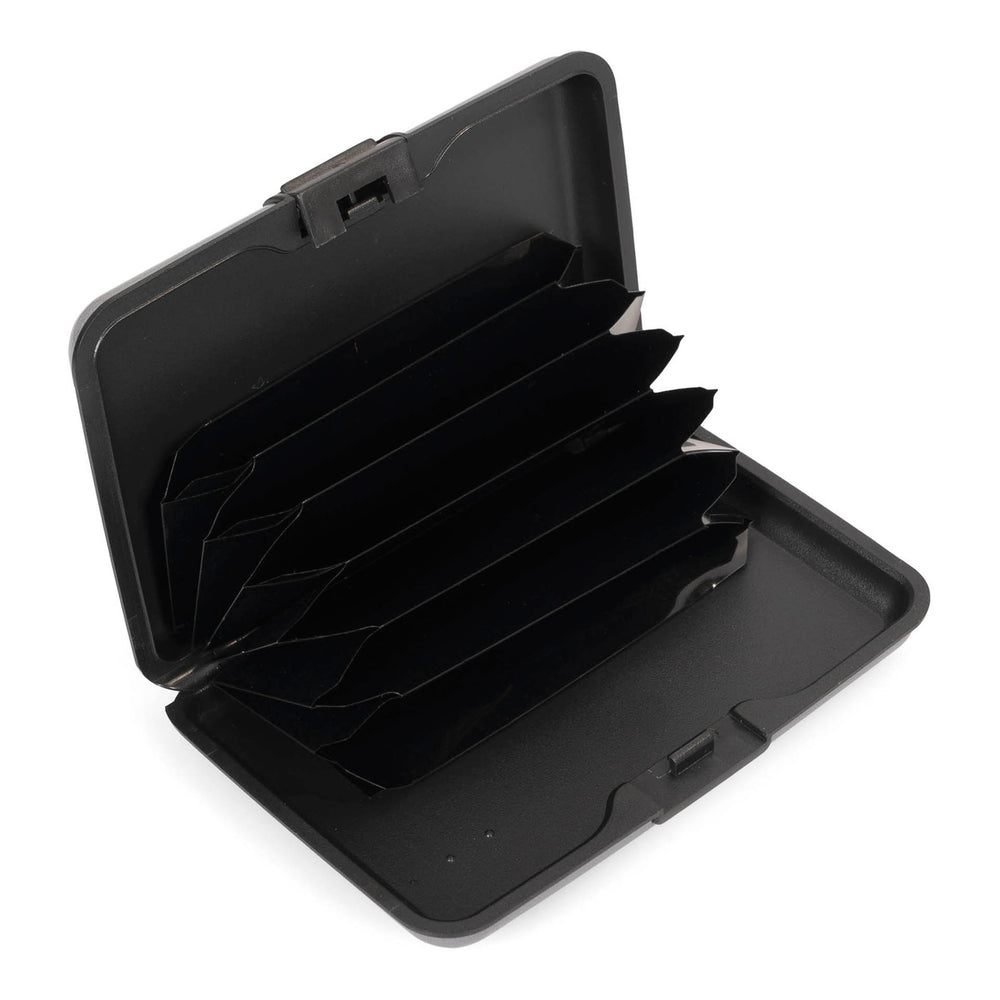 Interior view of a aluminum card holder showcasing its  interior with accordian style credit card slots.