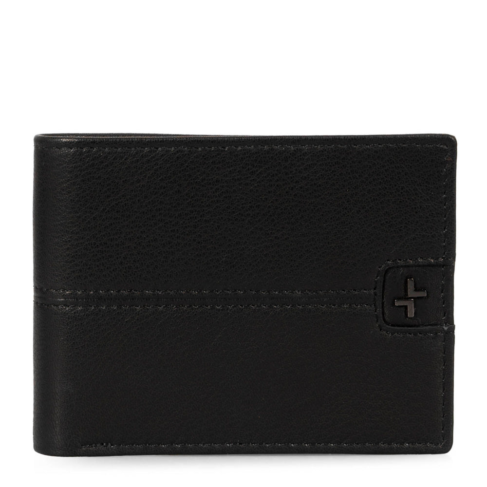 Front side of a men's black leather wallet called Stitched designed by Tracker, showing its stiched leather texture and logo.