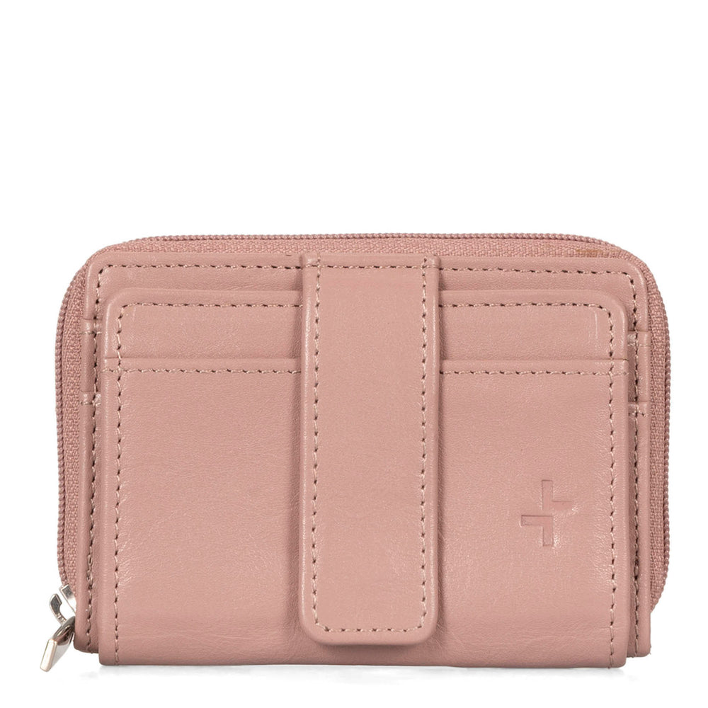 Front side of a pink card holder called basics by tracker, showing its 2 front card slots and closure strap.
