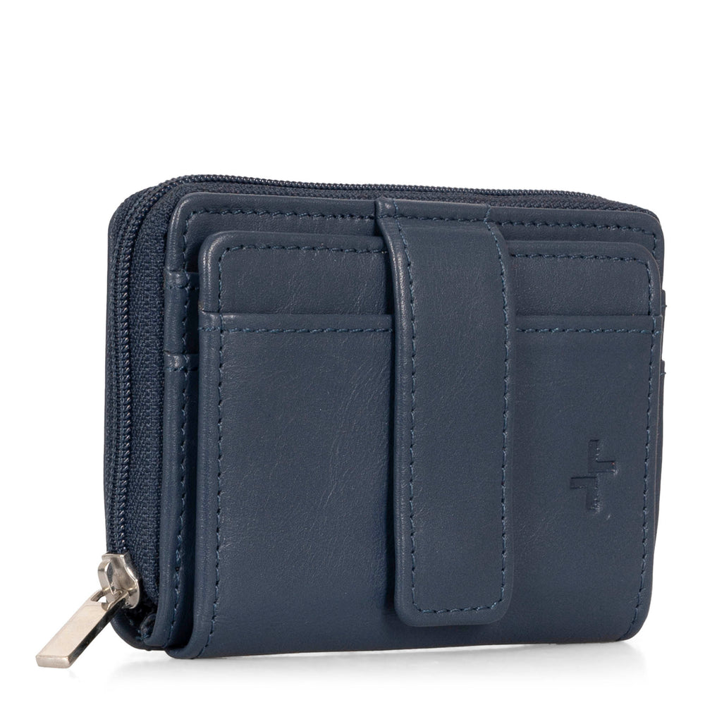 Angle view of a blue card holder called basics by tracker, showing its 2 front card slots, zipper, and closure strap.