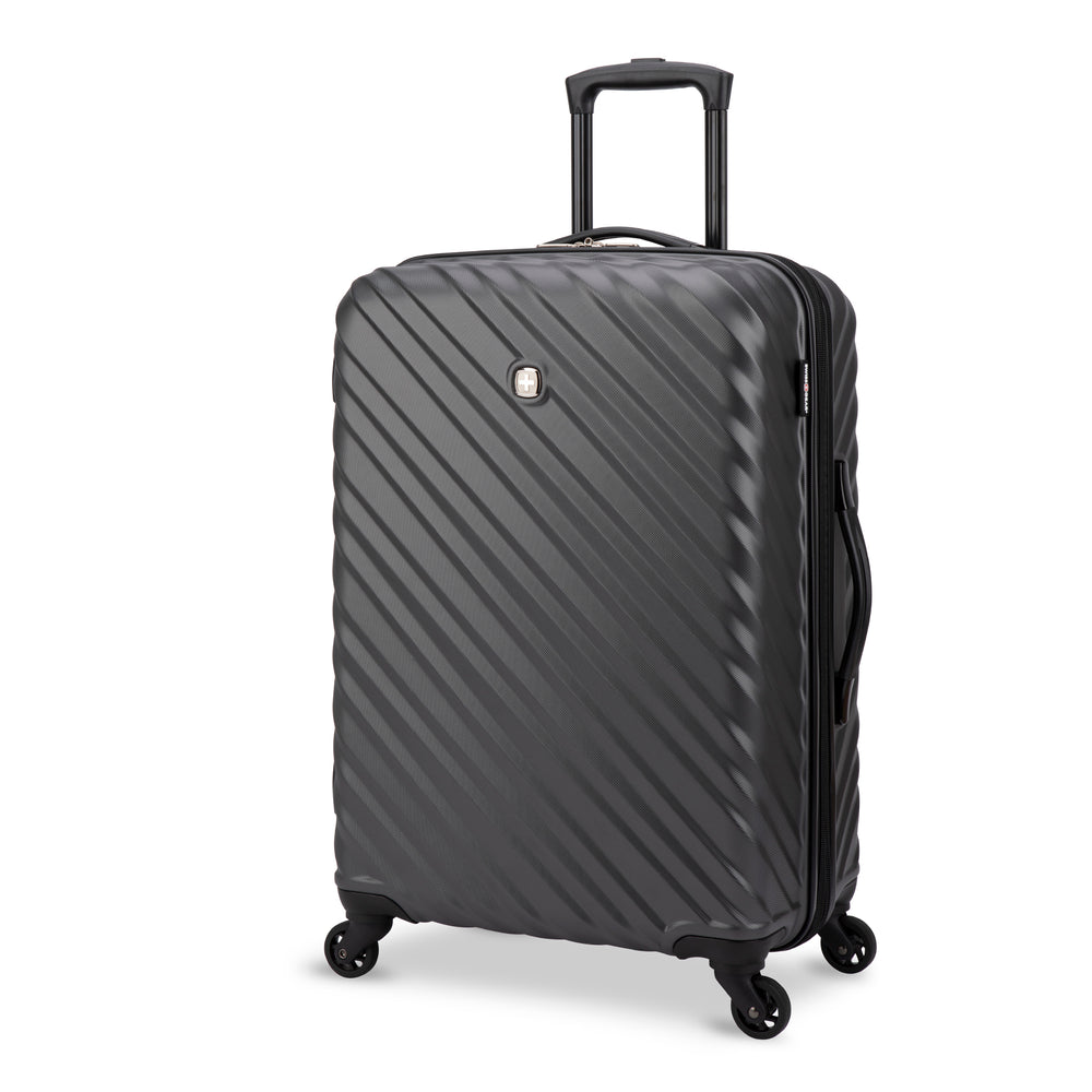 Front side view of a black hard side luggage called MOD designed by Swiss Gear sold at Bentley, showcasing its telescopic handle and resistant-absorbant texture.